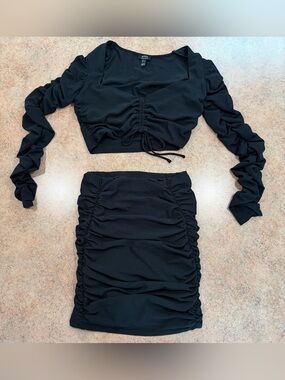 privy Black Ruched Matching Set - Long Sleeve Top & Mini Skirt